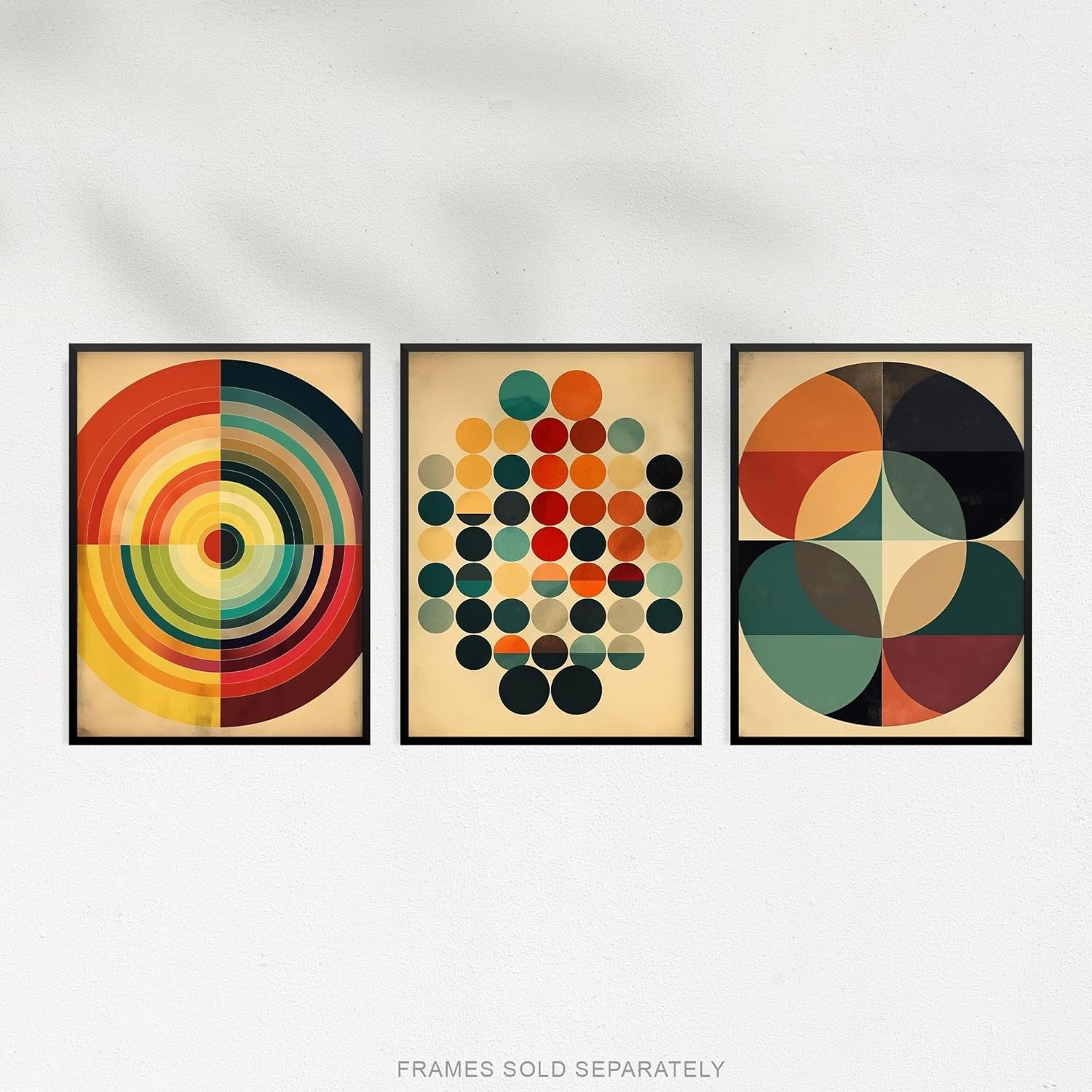 Set of 3 Mid Century Modern Bauhaus Geometric Circle Wall Art Prints