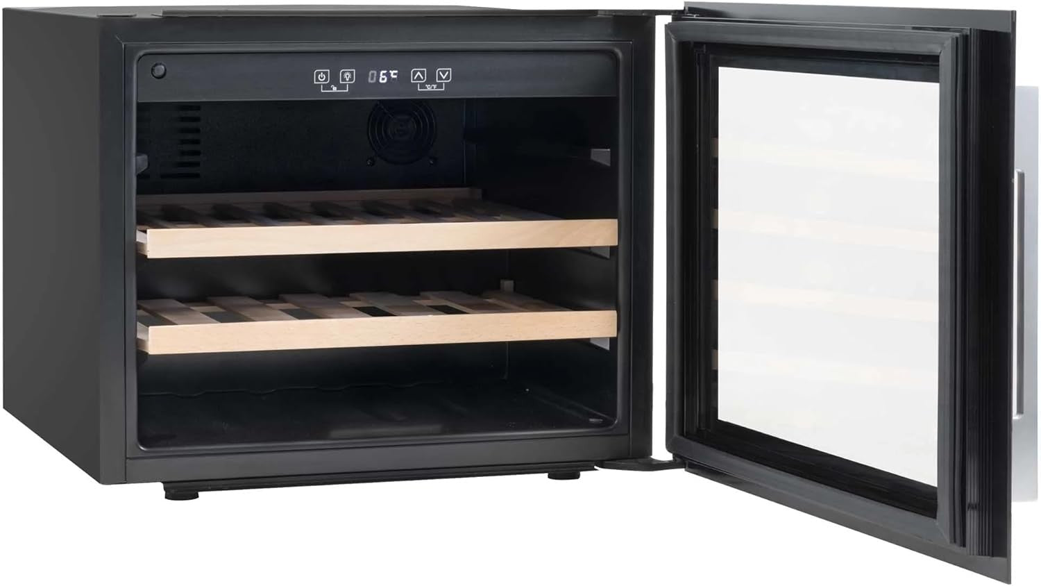 60cm Built In Wine Cooler 28 Bottle Glass Door LED Beech Shelves Black
