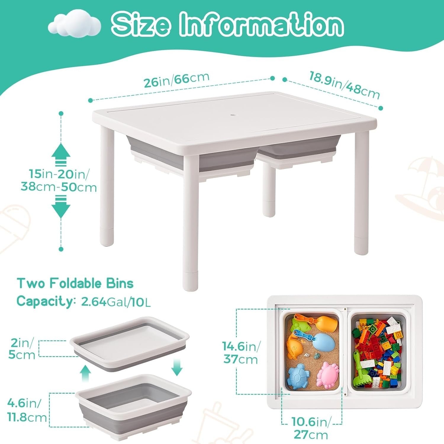 Adjustable Kids Sensory Table with 2 Bins, Sand & Water Play, White Pine Wood