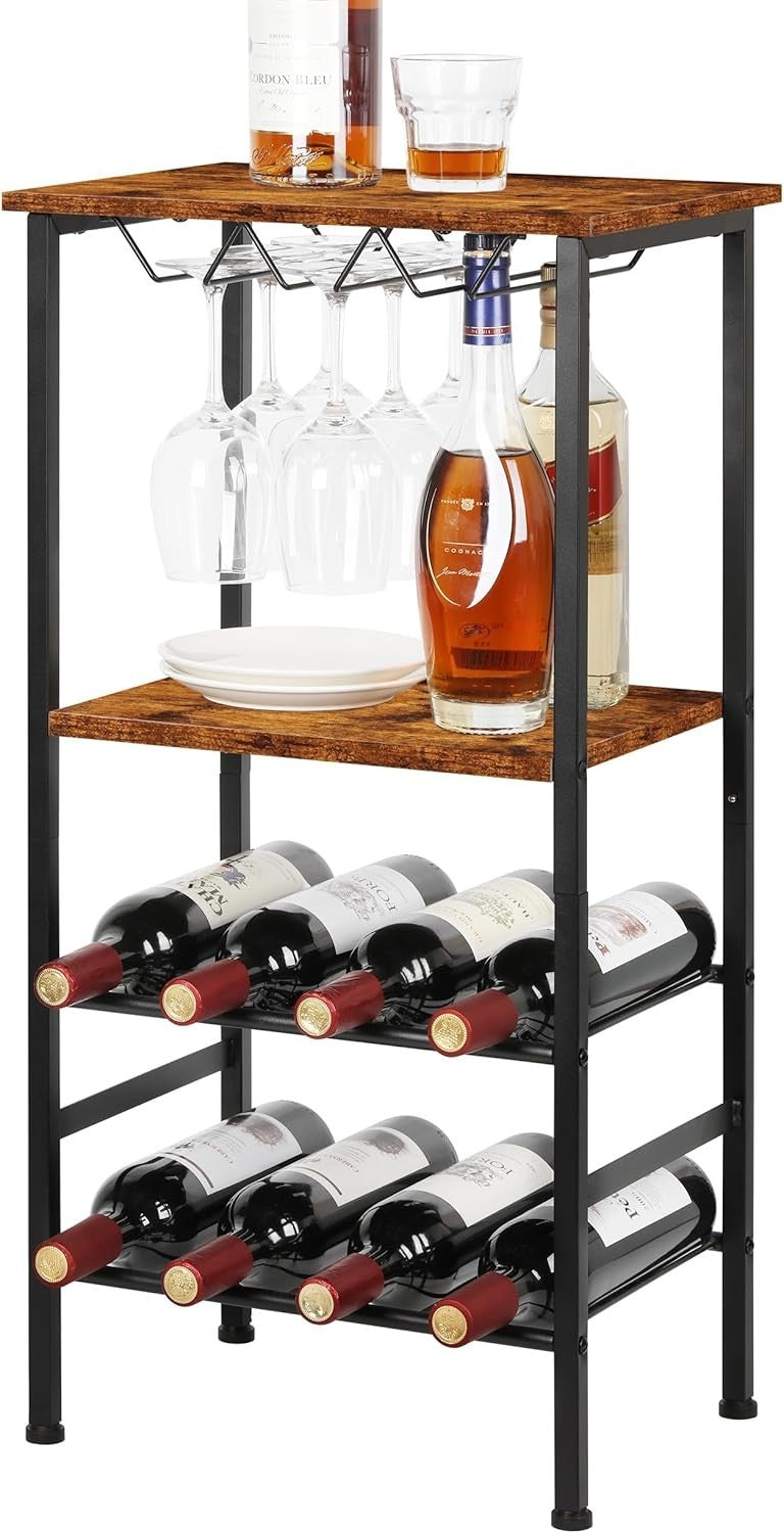 4-Tier Wine Rack with Glass Holder Rustic Bar Storage Shelf Free Standing Unit