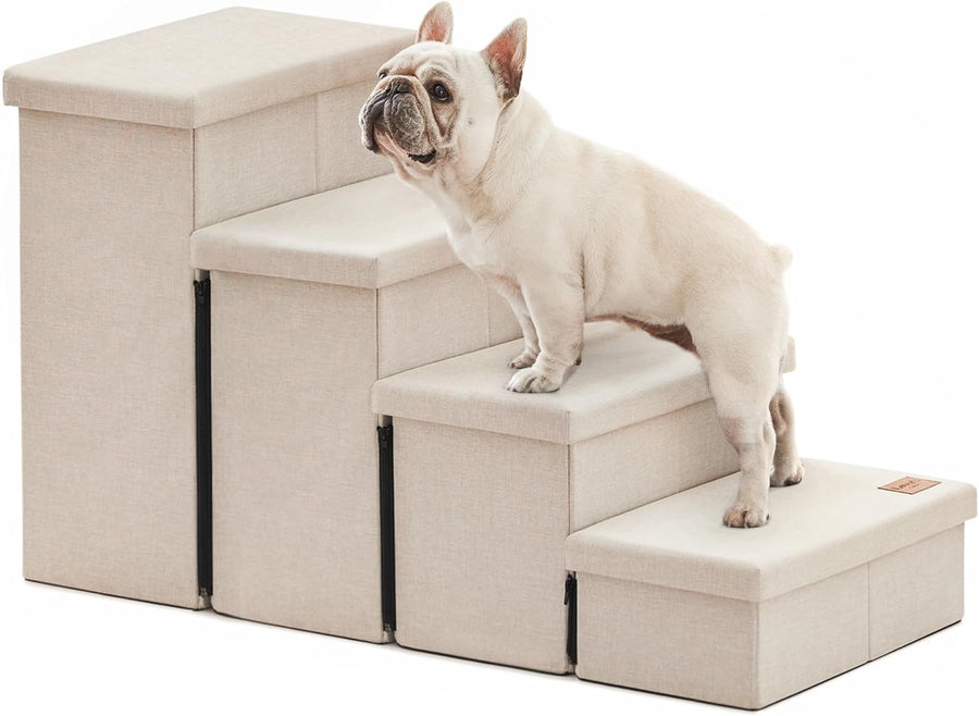 Dog Stairs 4 Step with Storage Foldable Pet Steps Beige 200lb