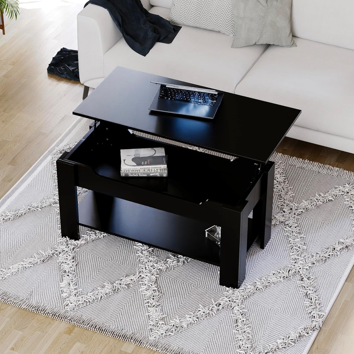 Lift Up Coffee Table with Hidden Storage & Shelf – Modern Black, 100x48cm