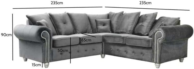 Grey Velvet Corner Sofa 5 Seater – Chesterfield Style Plush L-Shaped Sectional