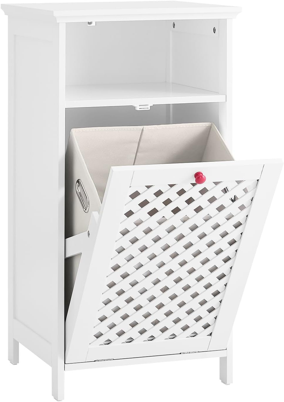 White Bathroom Laundry Cabinet with Tilt Basket & Open Shelf Slim Unit 87cm