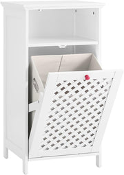 White Bathroom Laundry Cabinet with Tilt Basket & Open Shelf Slim Unit 87cm