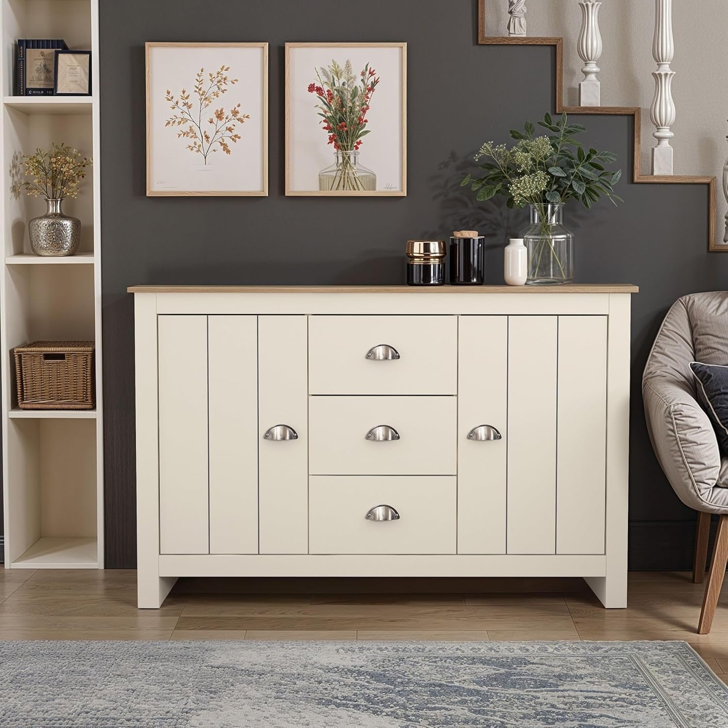 Modern Storage Sideboard Cabinet 2 Doors 3 Drawers Ivory Oak Finish