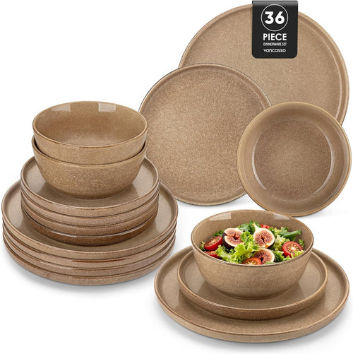 36pc Ceramic Dinner Set Caramel Plates Bowls Microwave Dishwasher Safe