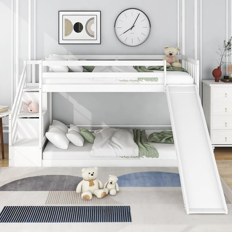 Kids Bunk Bed with Slide & Stairs White Pine Frame Storage Drawers 90x190cm