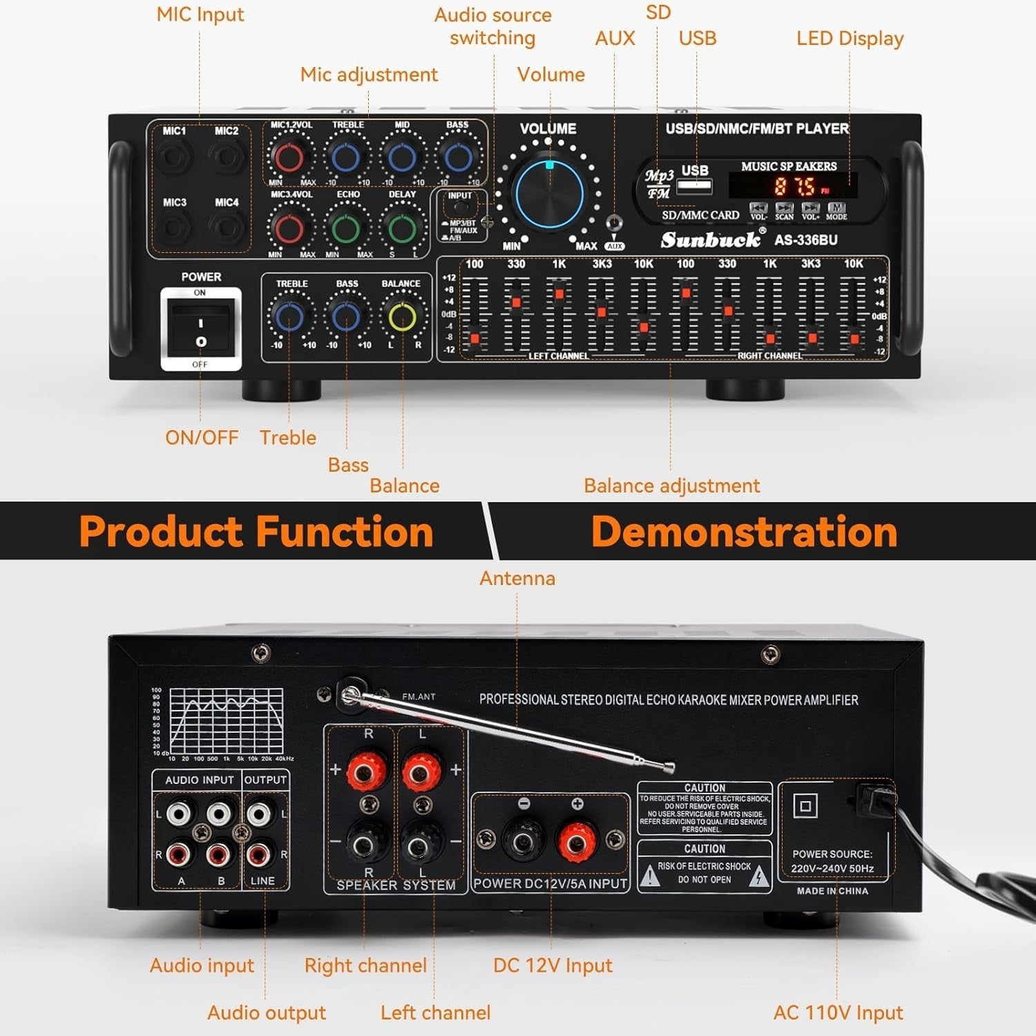 400W Bluetooth HiFi Stereo Amplifier 5 Band EQ 4 Mic Karaoke UK
