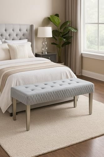 Luxury Silver Velvet 3-Seater Bench Modern Upholstered Dining & Entryway Seat