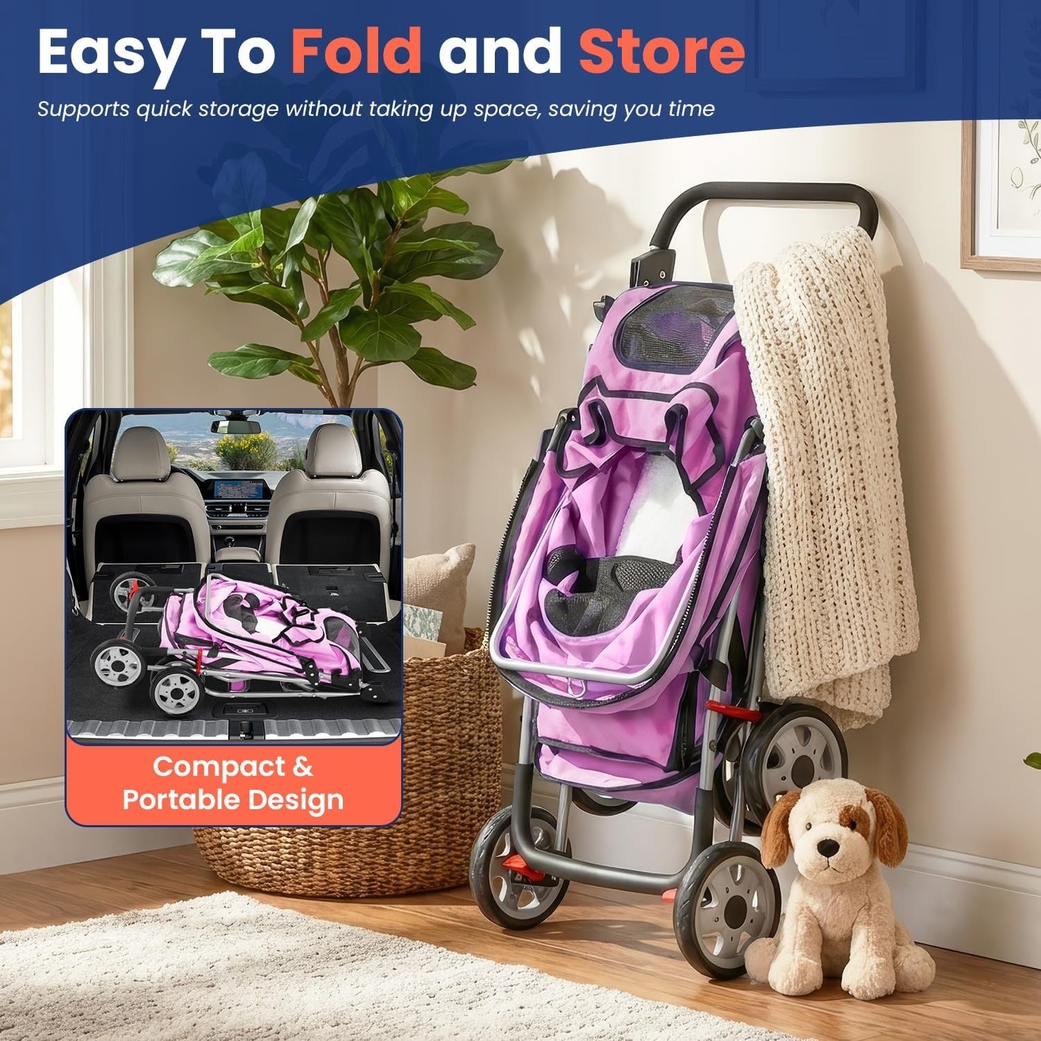 Pet Stroller Dog Cat Pushchair 4 Wheel Foldable Travel Carrier Mesh Pink
