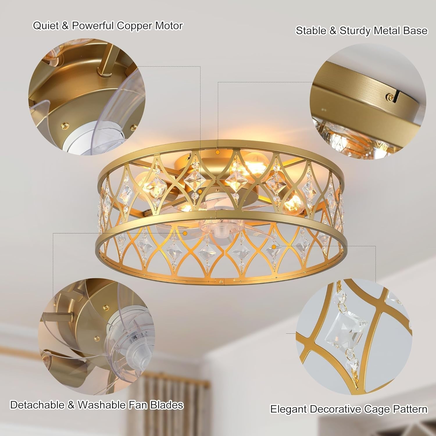 20" Caged Ceiling Fan Light, Crystal, Gold, 4 Lights, Remote