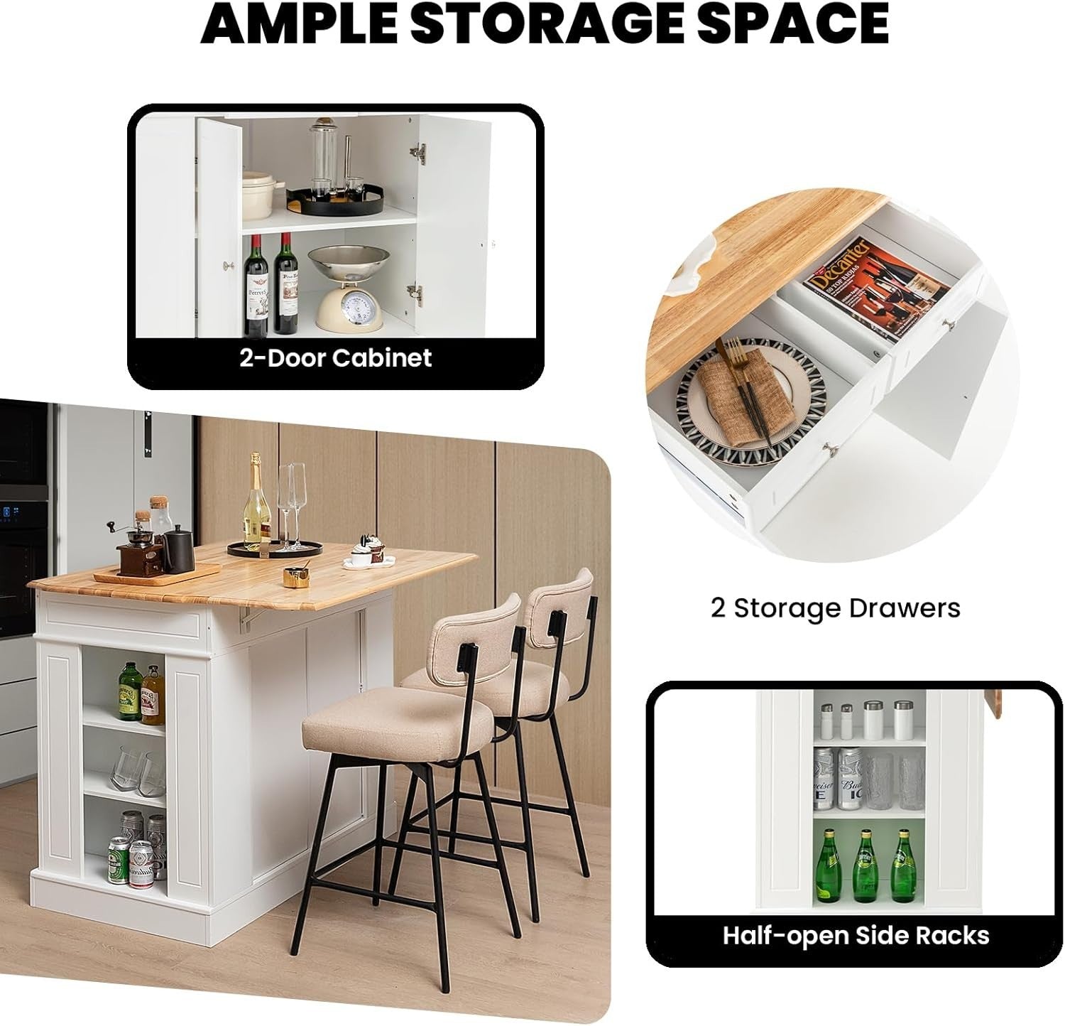 Extendable Kitchen Island Cart with Storage Drawers, Adjustable Shelves.