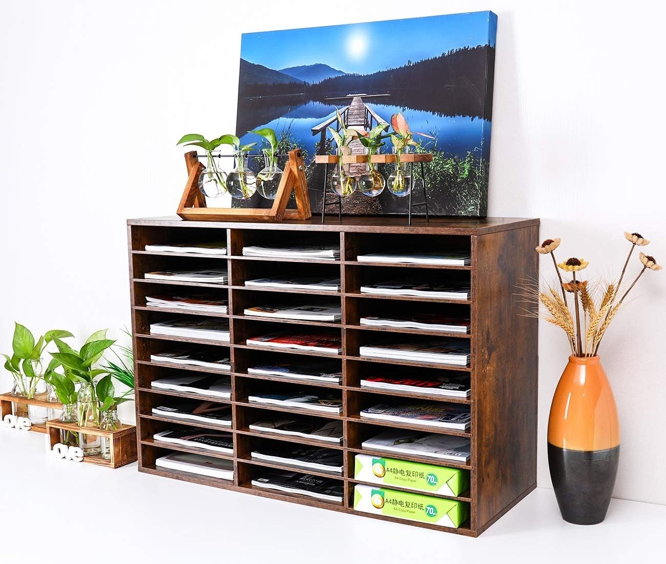 27 Compartment Wood Desk Organizer A4 File Tray Mail Sorter Office Storage