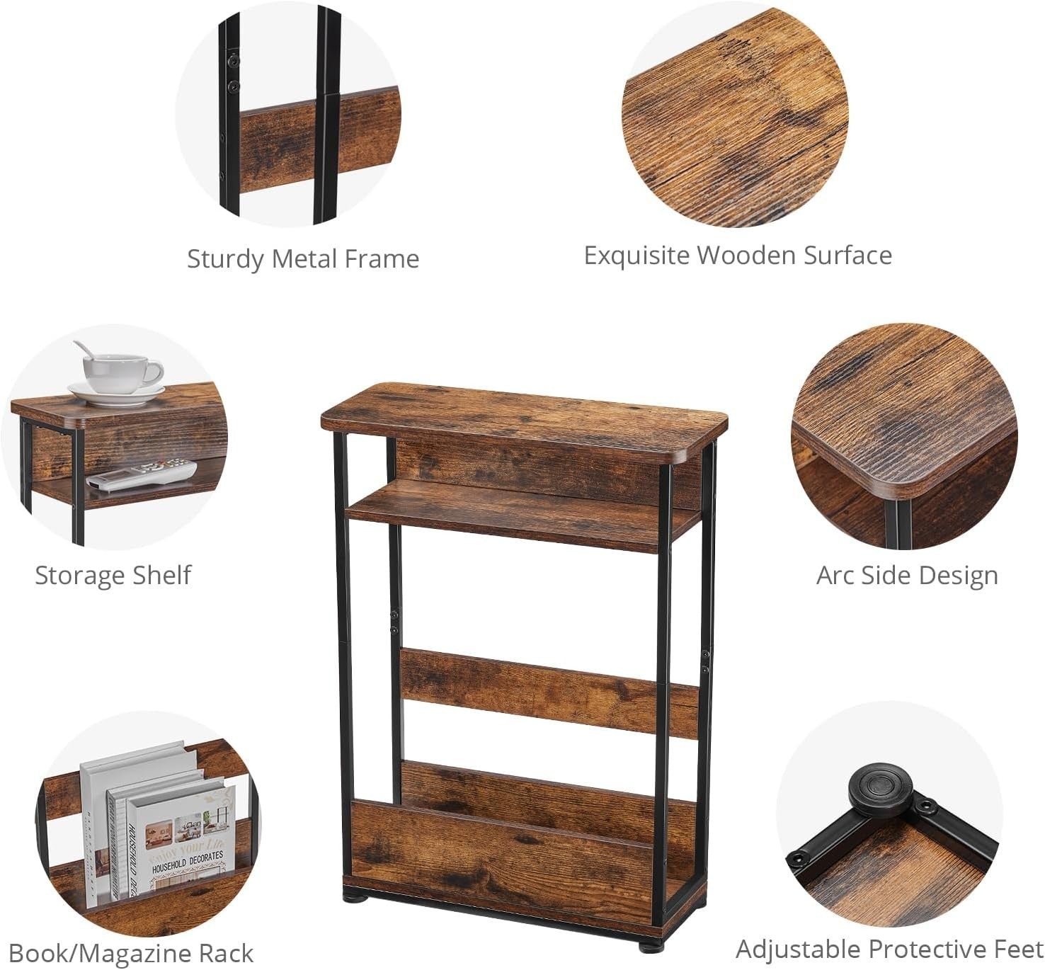 Narrow Rustic Brown Bedside Table 18x40x55cm, Storage Shelf, Slim Design