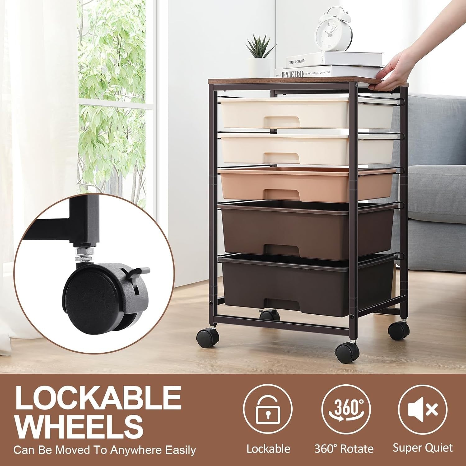 5 Drawer Rolling Storage Cart Utility Organizer Trolley Brown Wheels