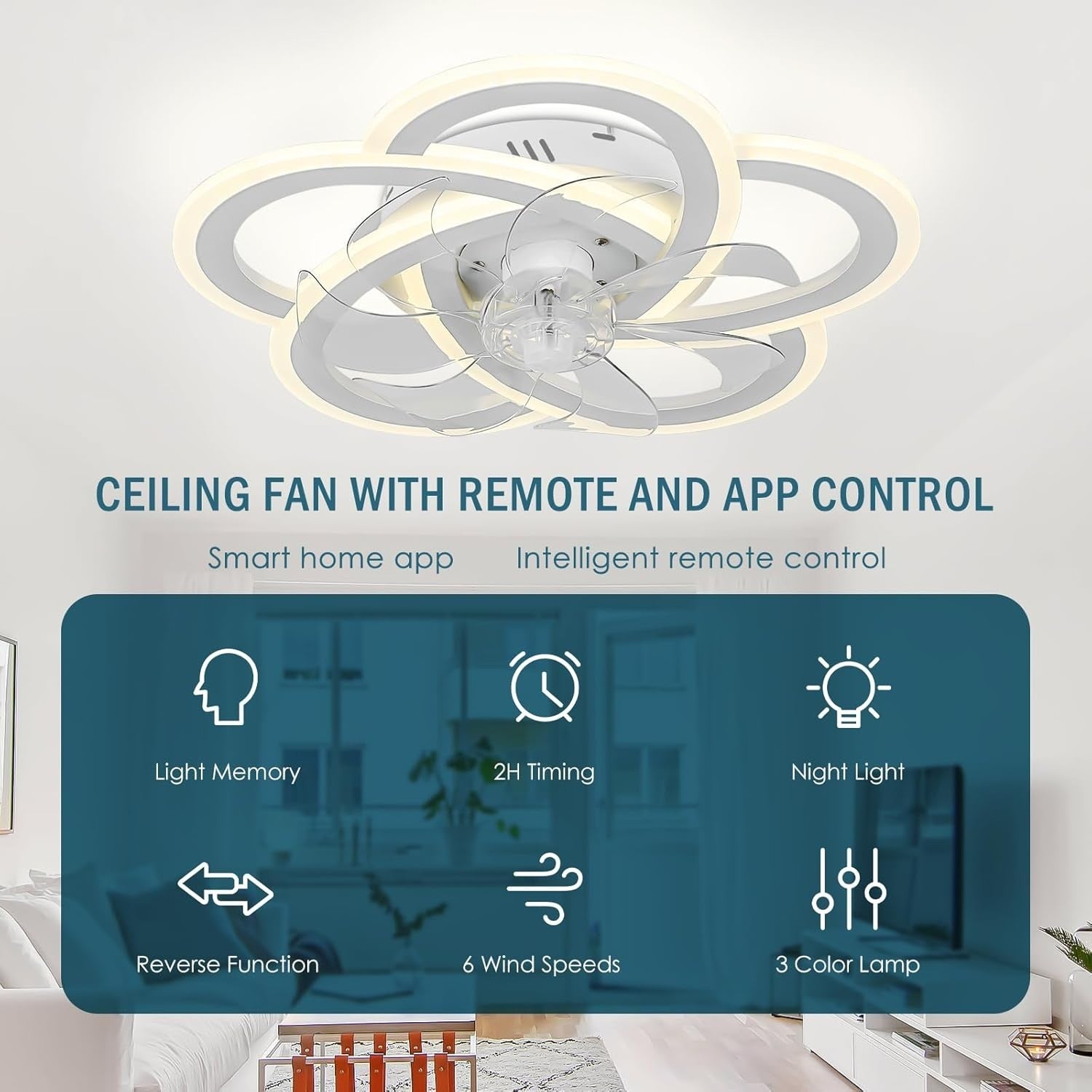 Ceiling Fan with Light, 6 Speeds, Dimmable, Remote, 50 cm White
