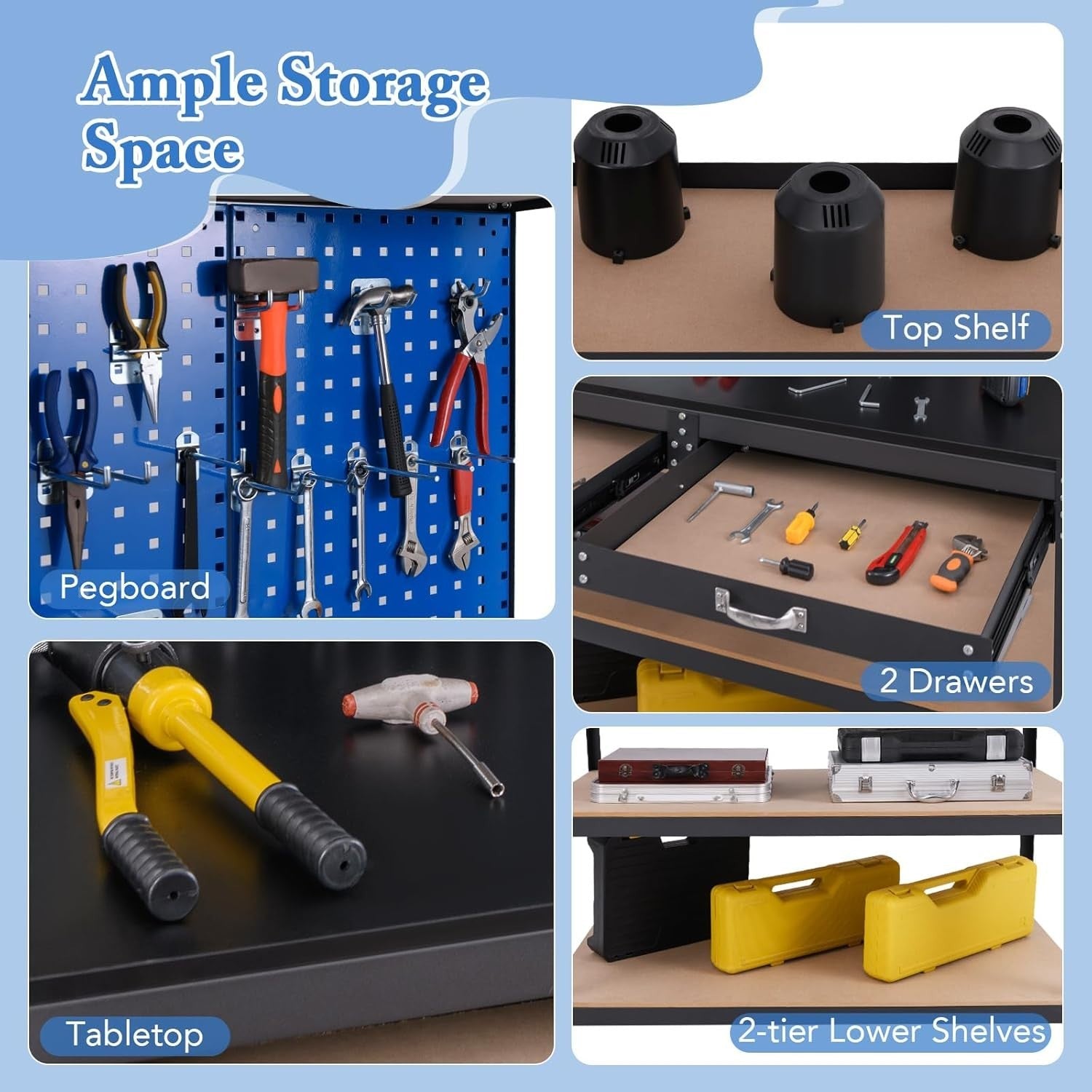 Heavy Duty Workbench 121x61x156cm Navy Pegboard 2 Drawers Shelves 435kg