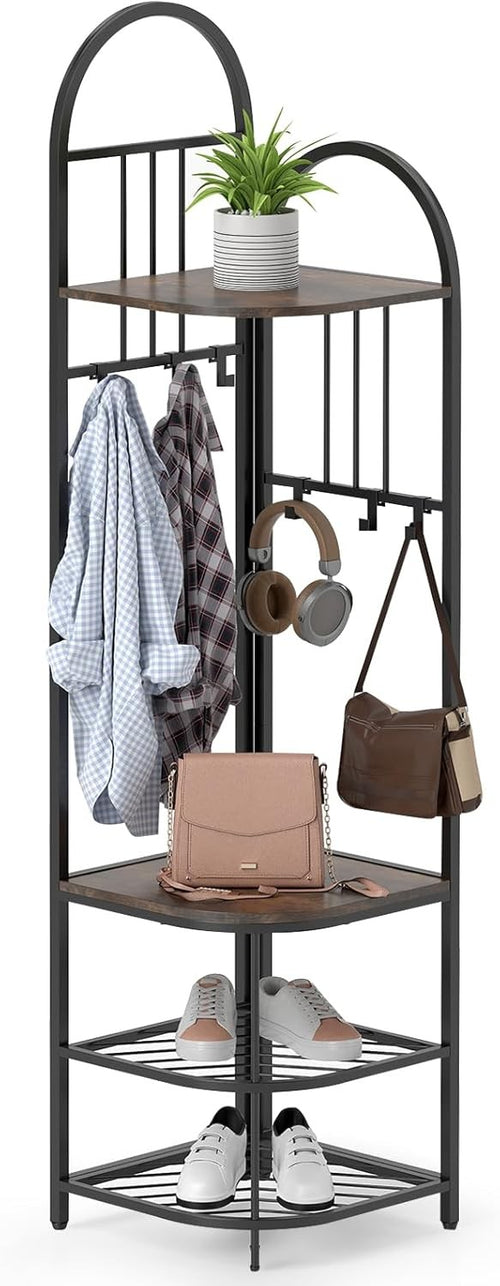 Rustic Brown Black Corner Coat Rack 4-Tier Hall Tree with Shoe Bench & Hooks