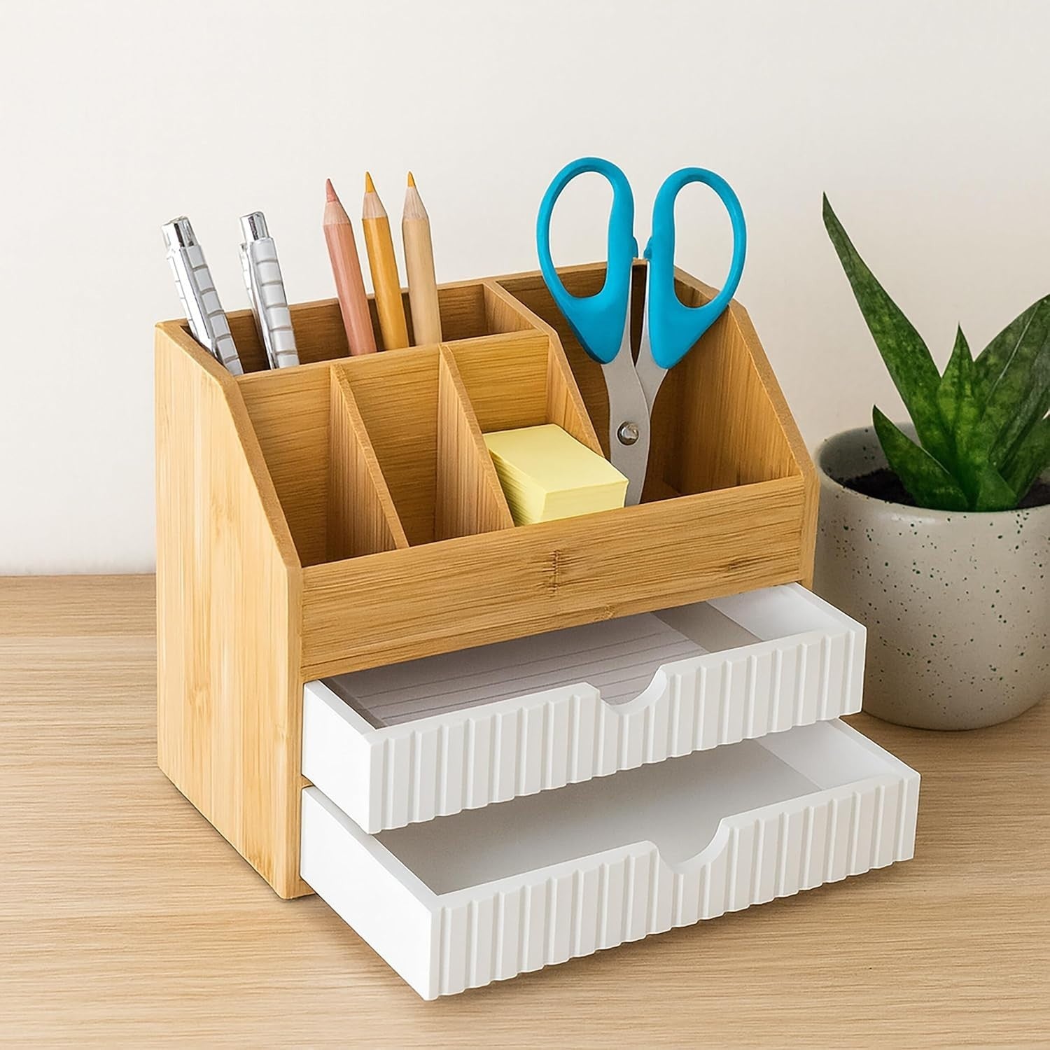 Desk Organiser with Drawers & Compartments – Bamboo Storage Box 19x24x14cm