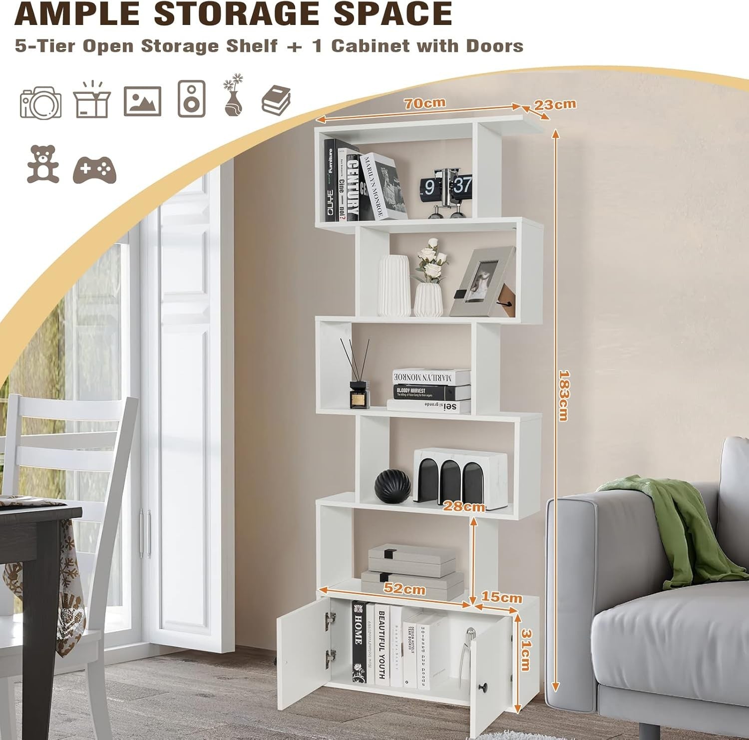 White S-Shaped 6 Tier Bookcase Tall Freestanding Storage Shelf with Cabinet