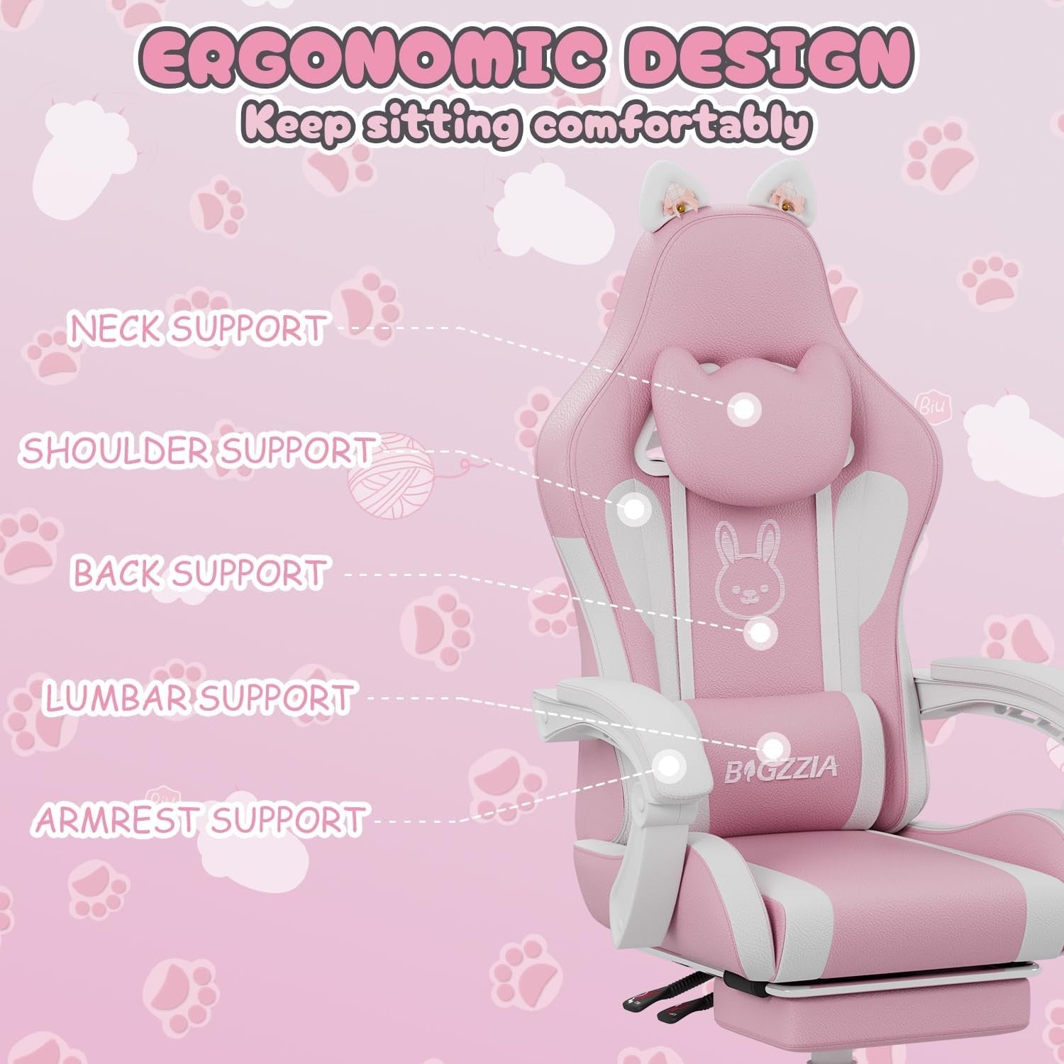 Pink Gaming Chair Cat Ears Massage Lumbar Recliner