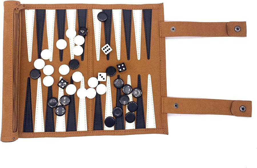 Travel Backgammon Set Roll Up Leather Portable Board Game 18.5 Inch