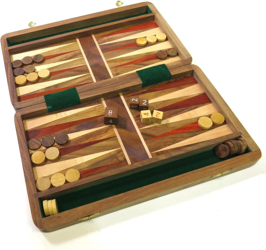 Wooden Folding Backgammon Set 10 Inch Portable Board Game with Dice
