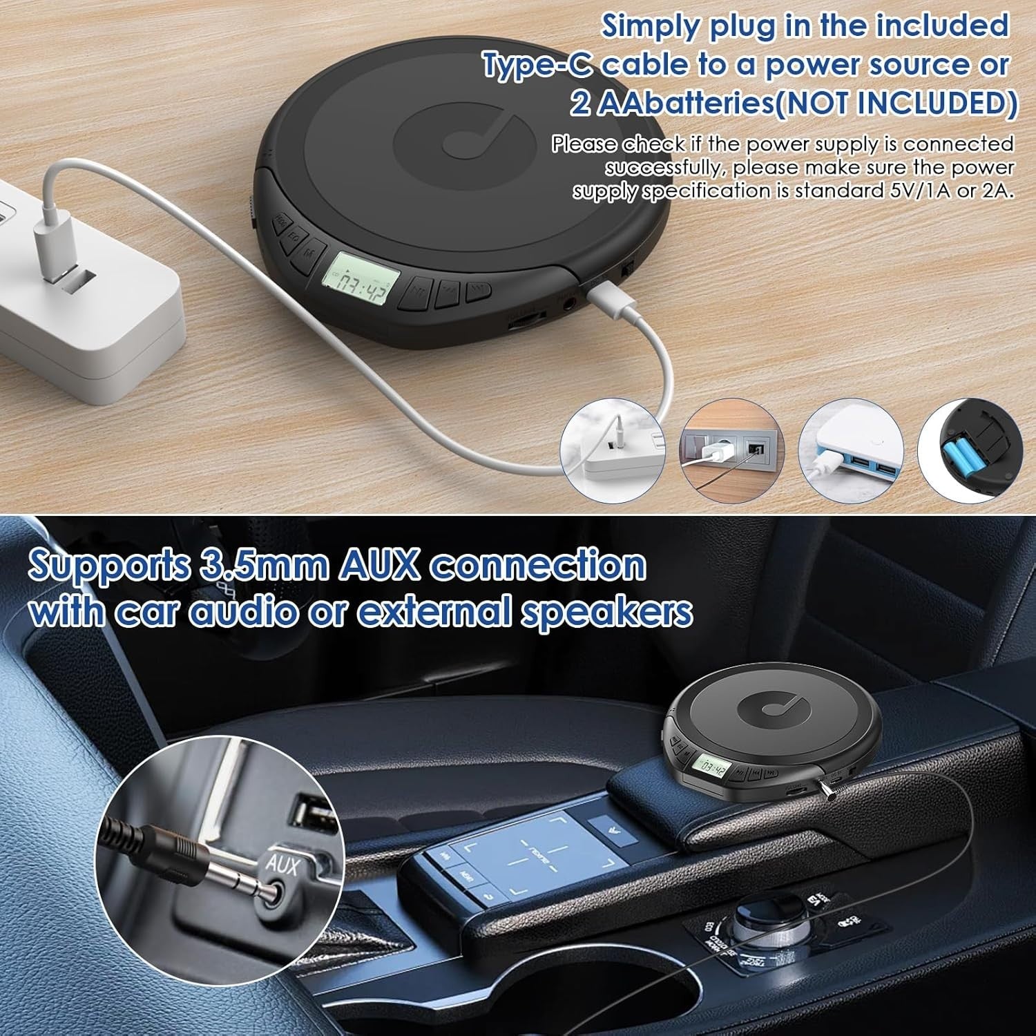 Portable CD Player Anti-Skip Shockproof LCD AUX Car Use w/ Earphones
