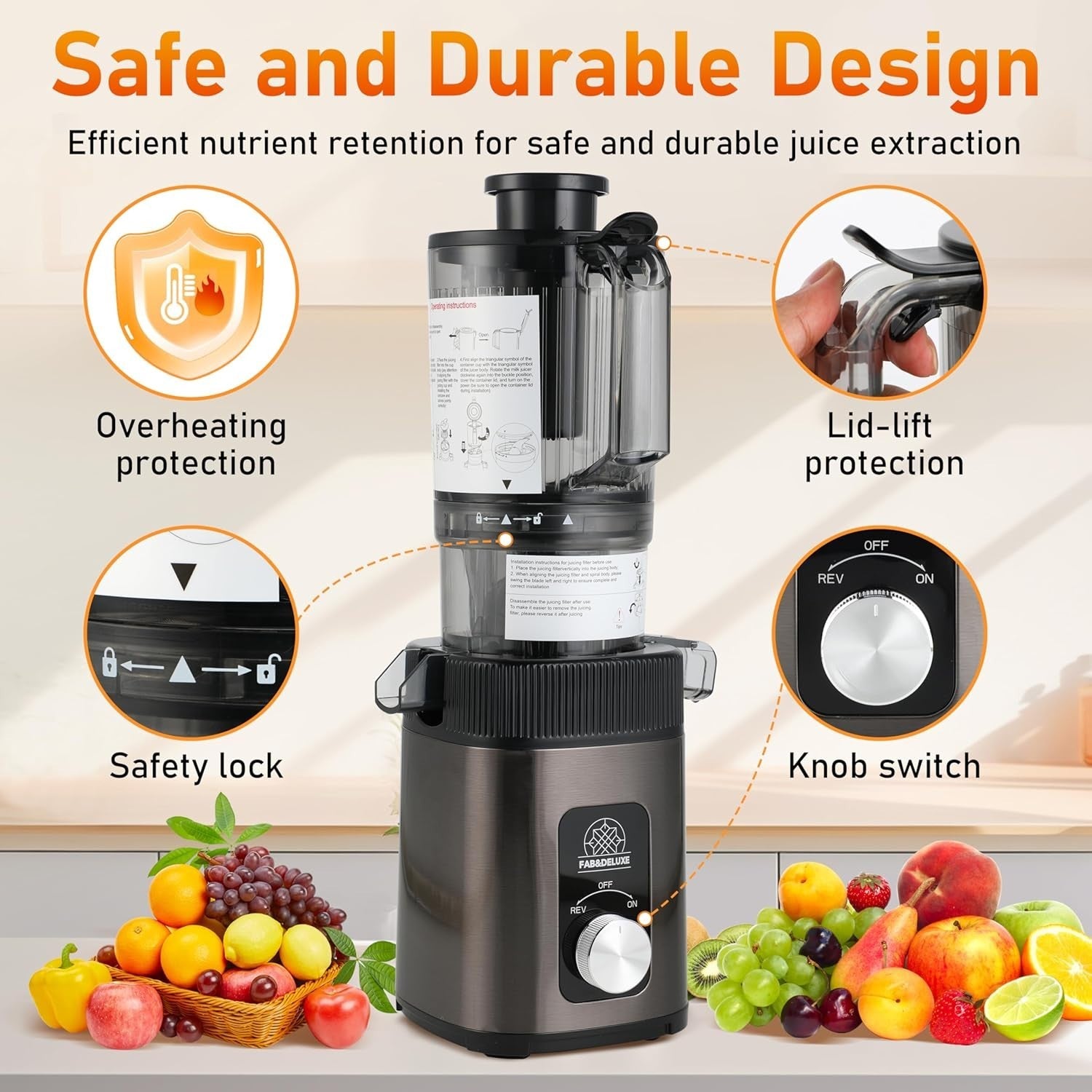 Cold Press Masticating Juicer 3.5in Wide Chute High Yield Quiet 200W