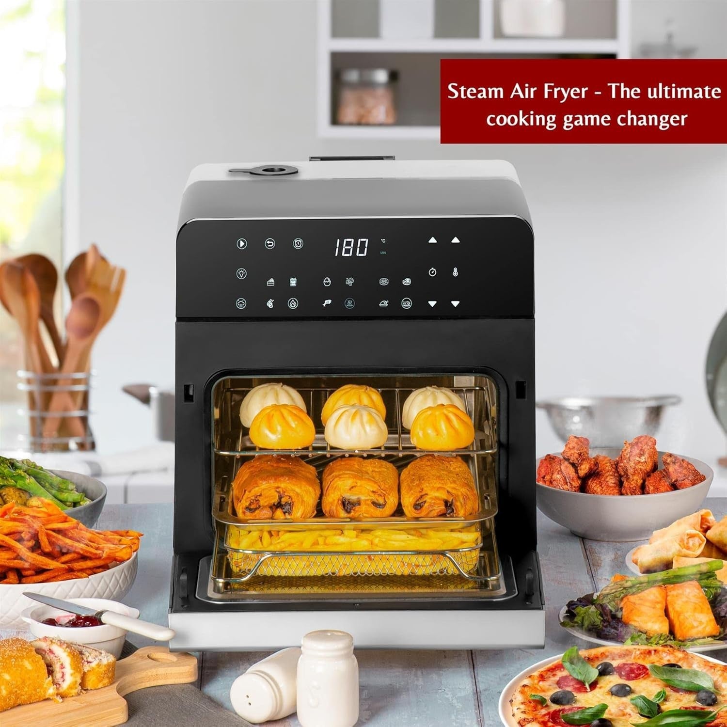 11L Steam Air Fryer Oven 9 Presets Touch LED 1150ml Water Tank No PFOA