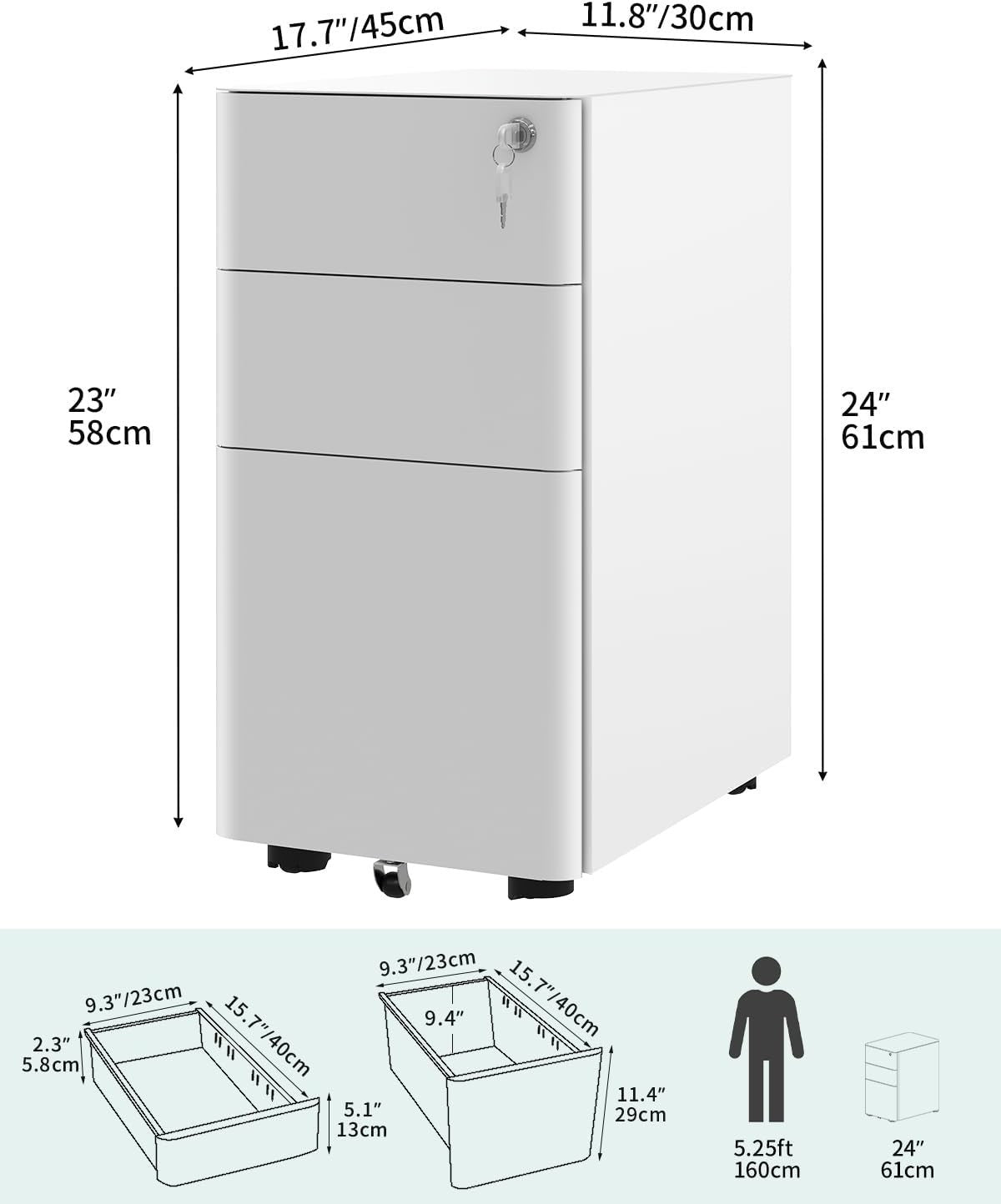 White Lockable Metal Filing Cabinet 3 Drawer A4 Under Desk