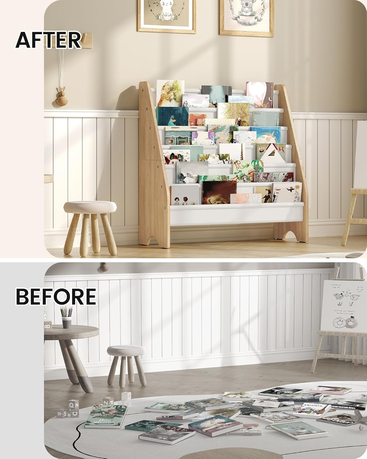 6 Tier Kids Bookshelf White Natural Sling Book Organizer Large Capacity
