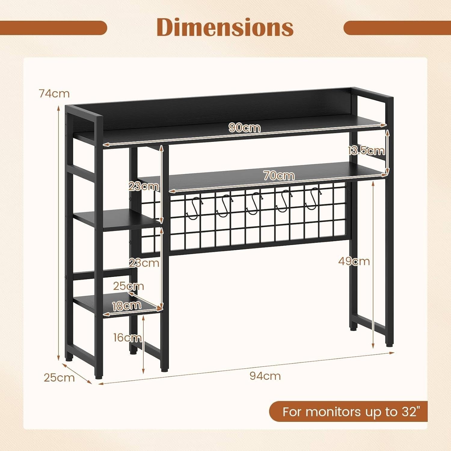 94cm Black Desk Hutch – 4-Tier Desktop Bookshelf w/ Hooks & Metal Frame