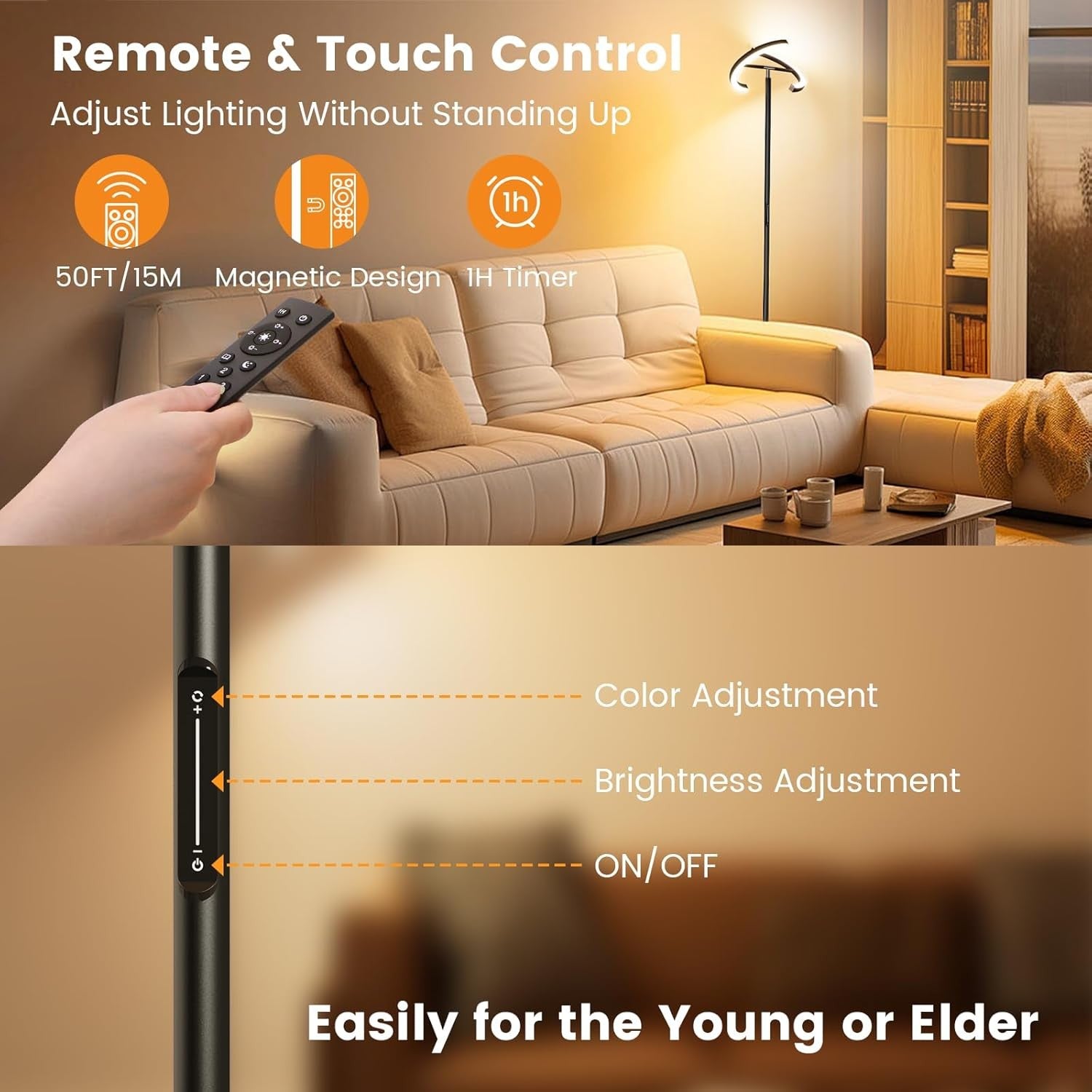 Modern LED Floor Lamp Dimmable Touch Remote Rotatable Uplighter Reading Light