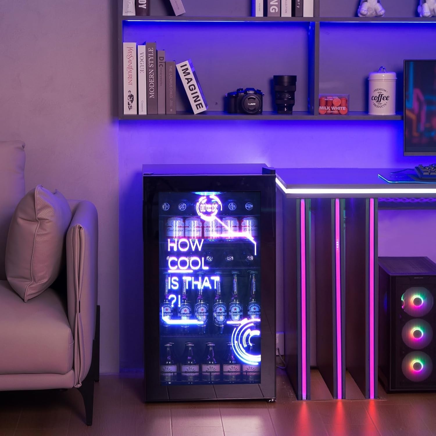 98L Mini Fridge with LED Lights Cyberpunk Bar Cooler Frost-Free Low Noise