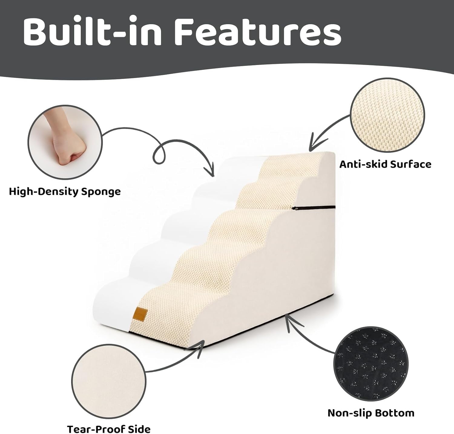 Dog Steps for Bed 5Step Non-Slip Pet Stairs Ladder Foam Ramp with Plush Cover