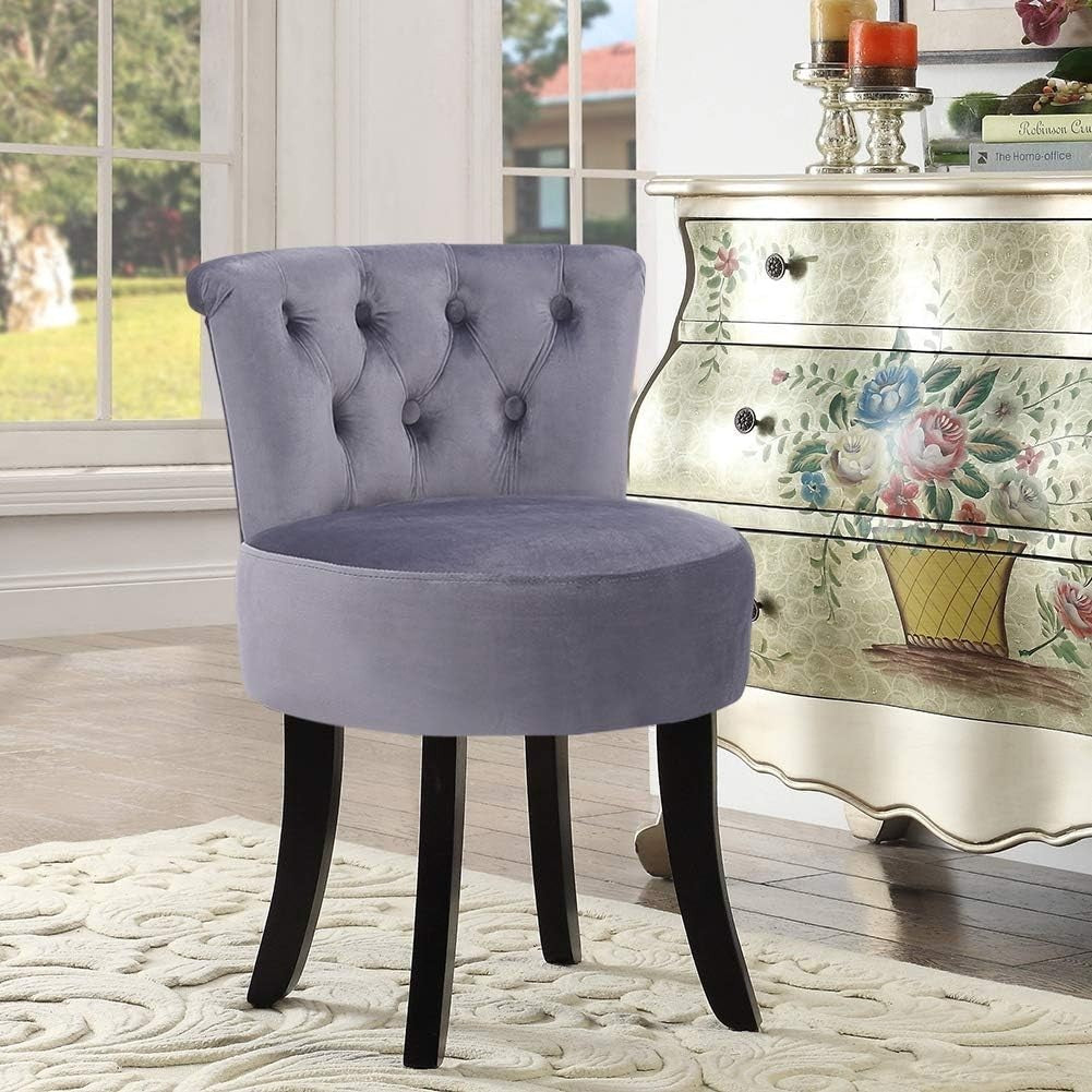 Grey High-Back Linen Vanity Chair – Padded Dressing Table Stool 40×40×69cm