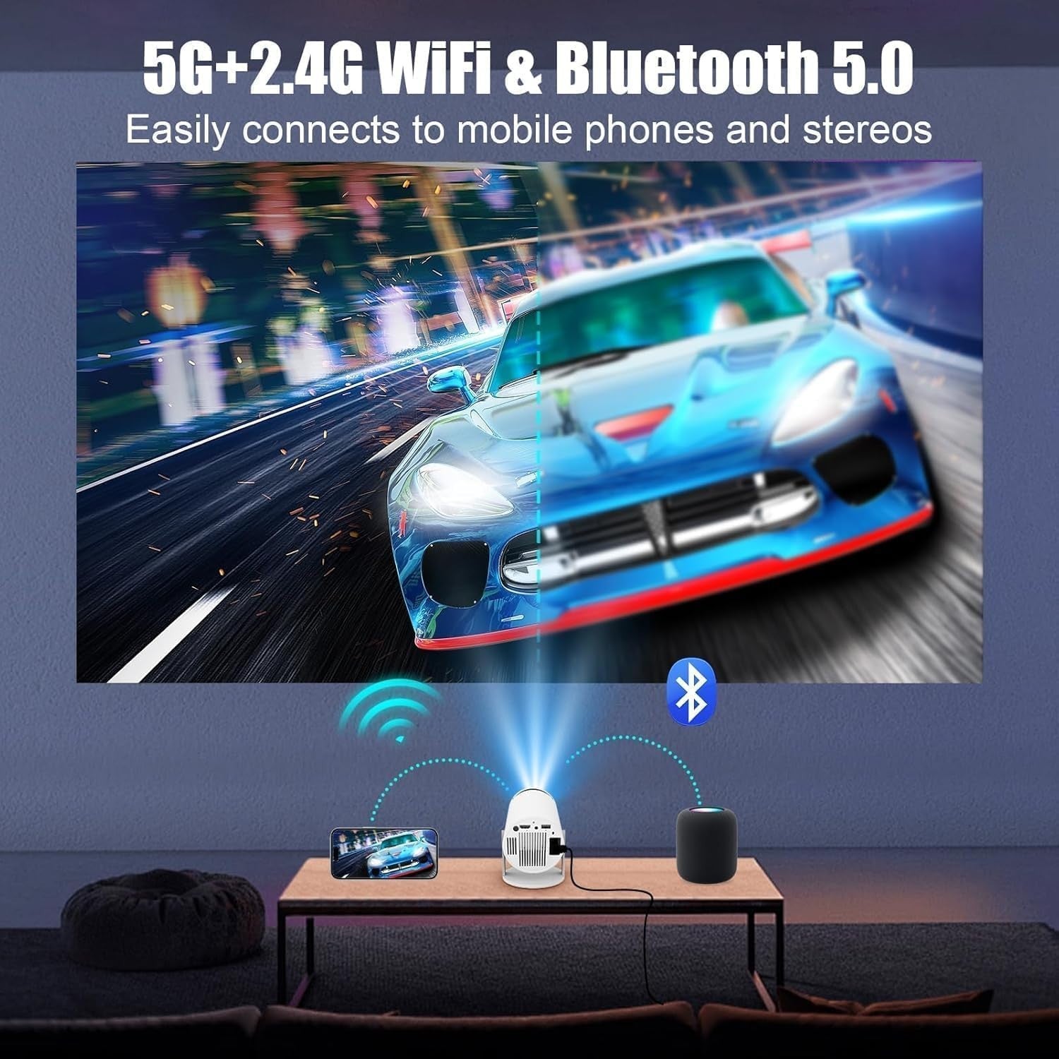 Android 11 Mini Projector WiFi Bluetooth 1080P 4K Support Portable