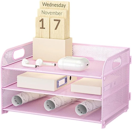 3-Tier Desk Organizer Paper Tray Storage Rack With Handle Office School