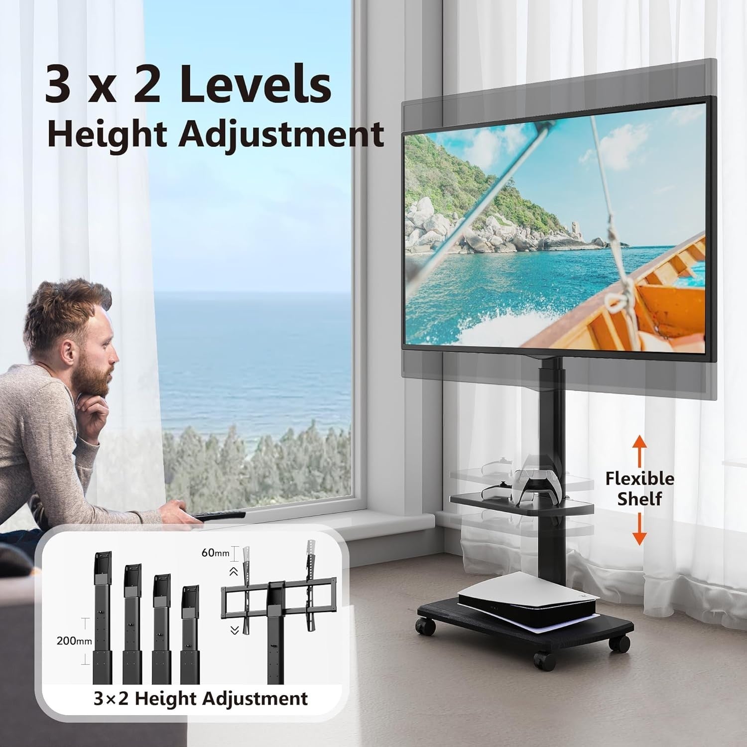 Mobile TV Stand 32–70" Wheels Shelf Tilt Swivel Height Adjustable 40kg