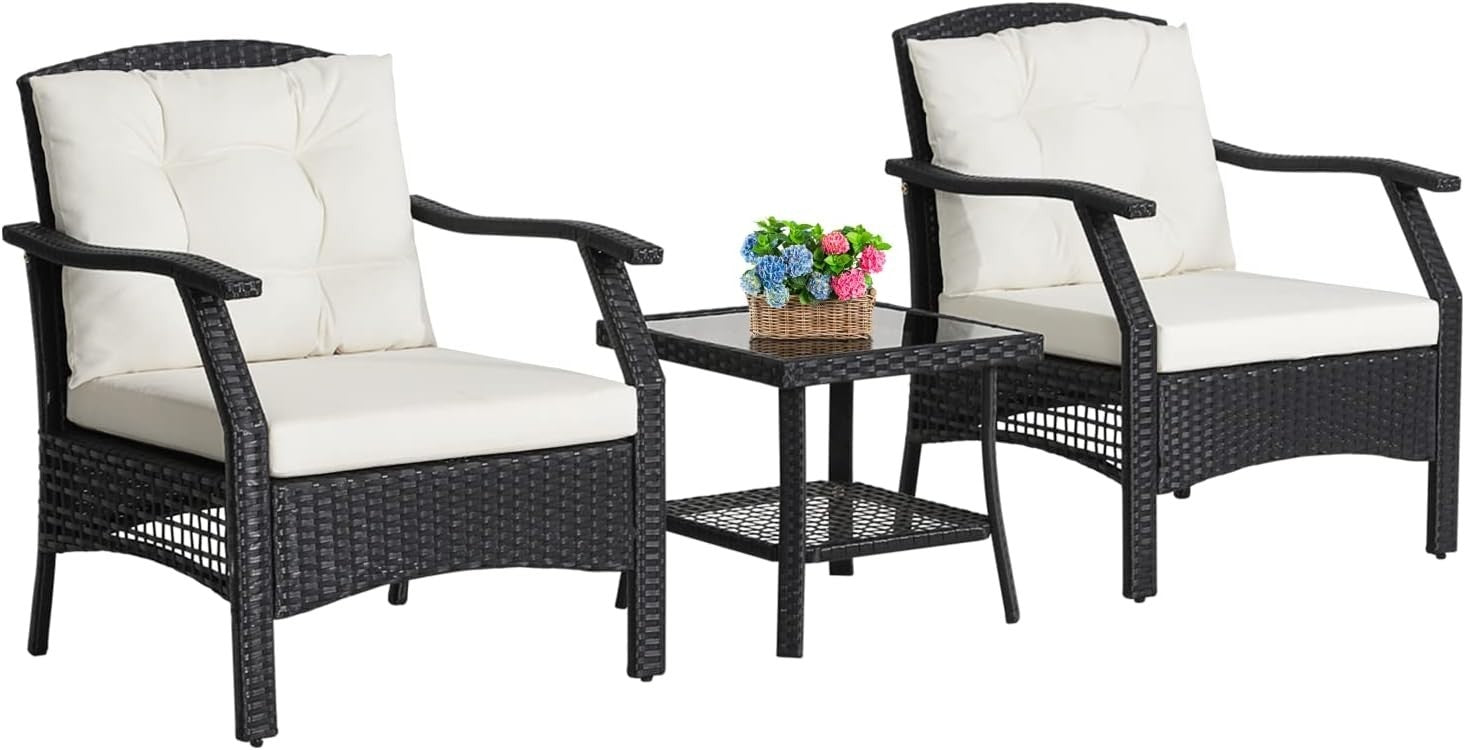 3pc Outdoor Rattan Garden Chairs Set with Cushioned Seating & Glass Table