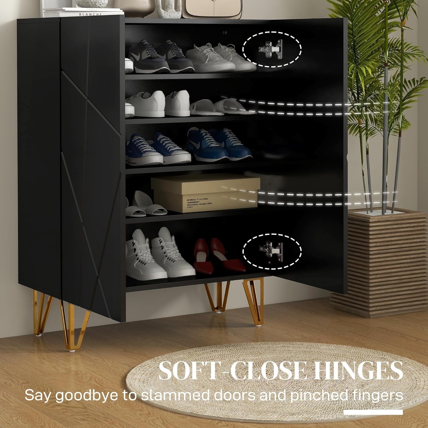 Slim High Gloss Black Shoe Cabinet with Soft-Close Doors & Adjustable Shelves