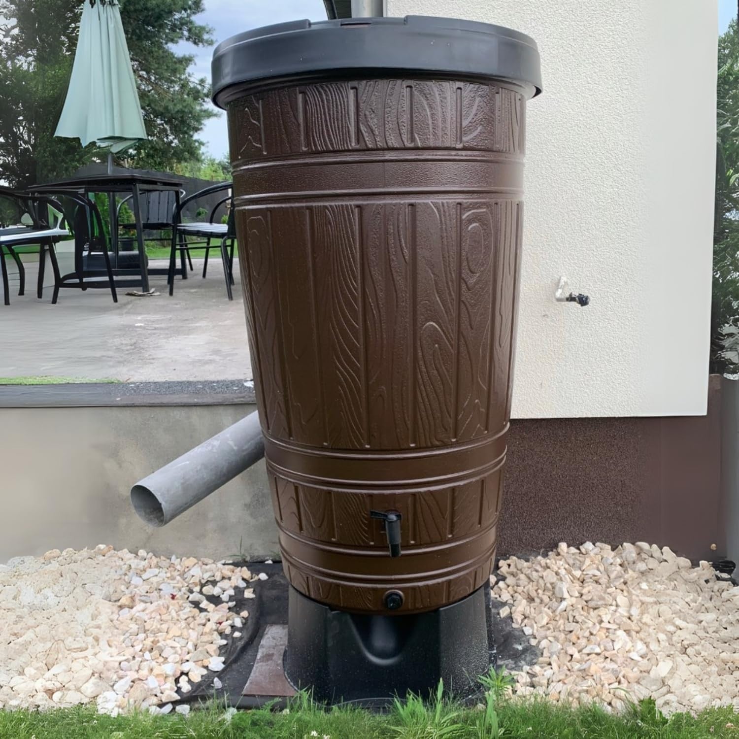 265L Wood Look Plastic Water Butt Tank with Lid – Garden Rain Collector Brown