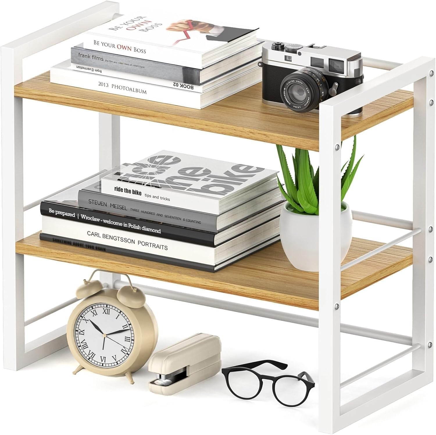 White Wood Desk Shelf – 2-Tier Desktop Organizer w/ Hollow Sides for Office