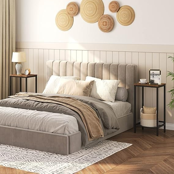 Narrow Tall Side Table with Charging Shelf, 2 Tier Industrial Bedside End Table