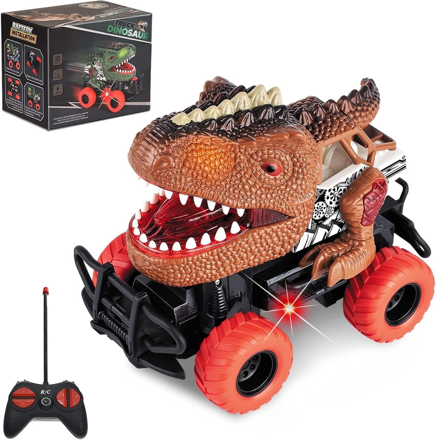 Dinosaur Remote Control Car for Kids 3–8, LED Light Monster Truck Toy