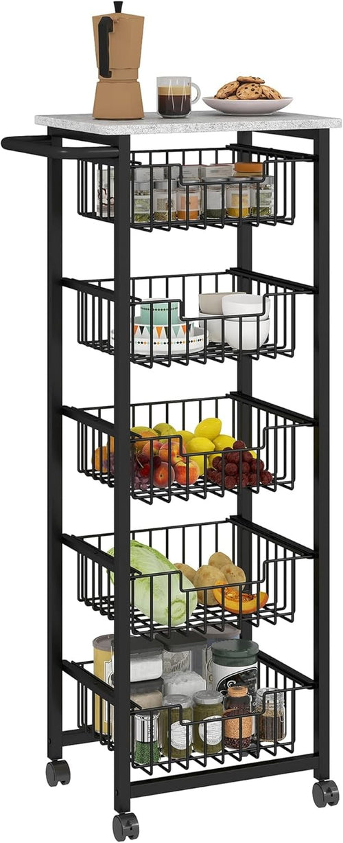 5 Tier Kitchen Storage Trolley with Pull Out Baskets Rolling Utility Cart