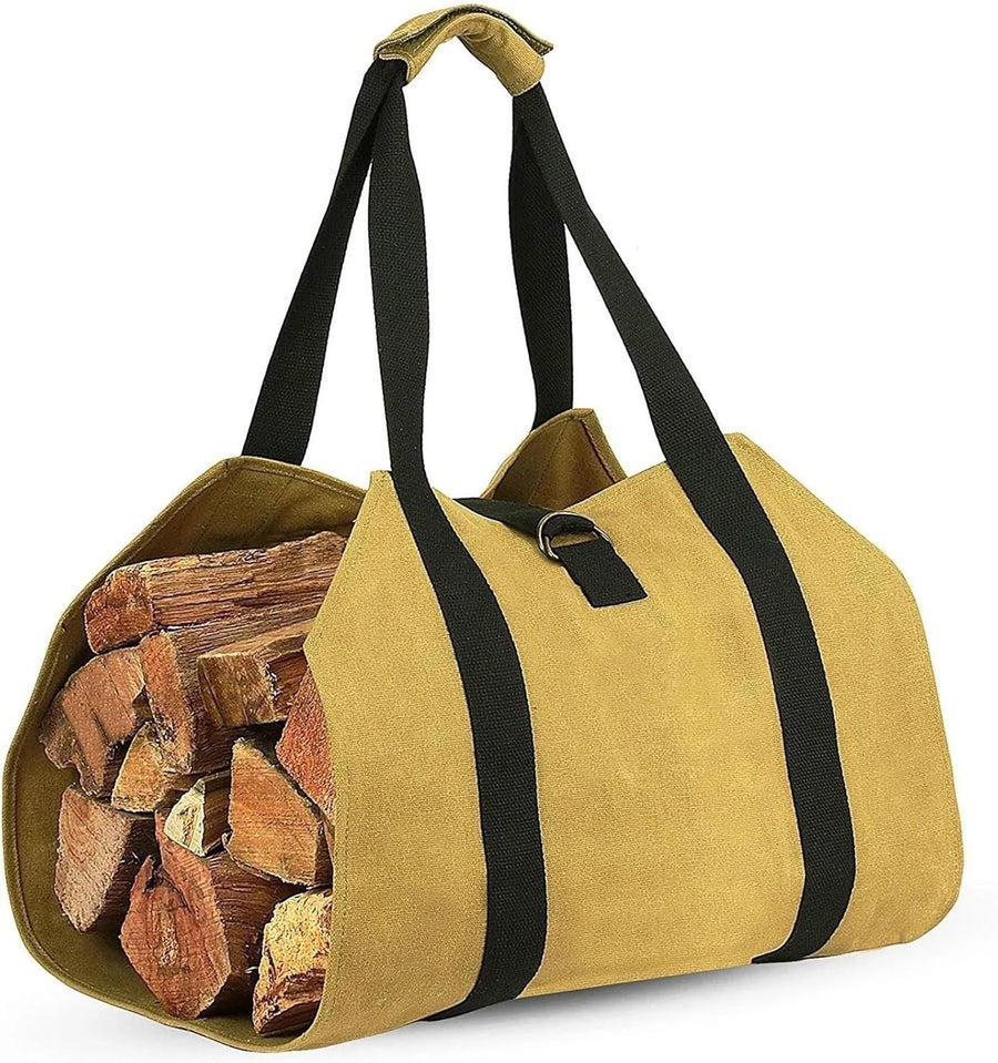 Heavy-Duty Canvas Firewood Carrier Bag with Handles & Strap - Yellow - 600D