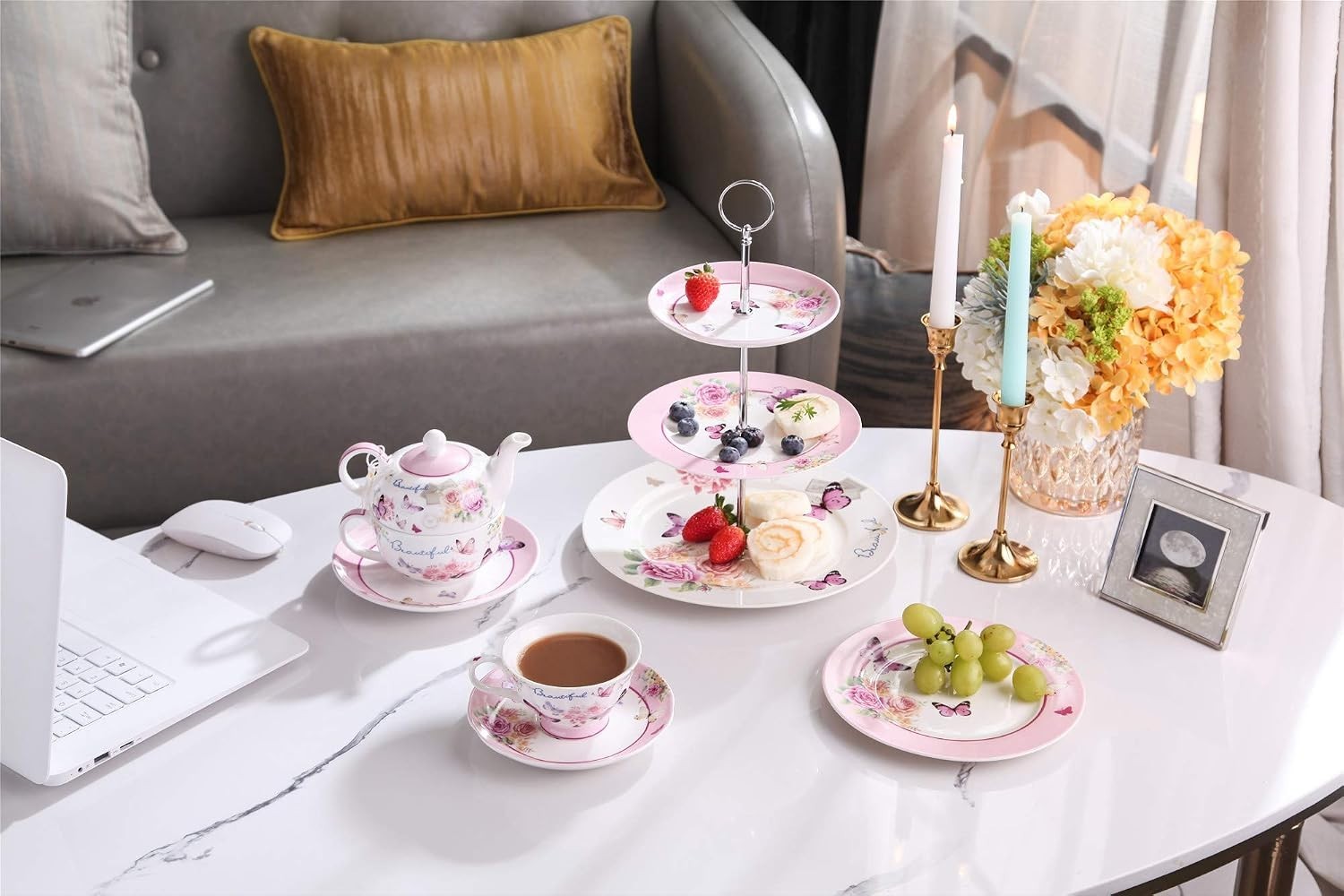 Tea for One Teapot Cup Saucer Set Butterfly Rose Porcelain Gift Box